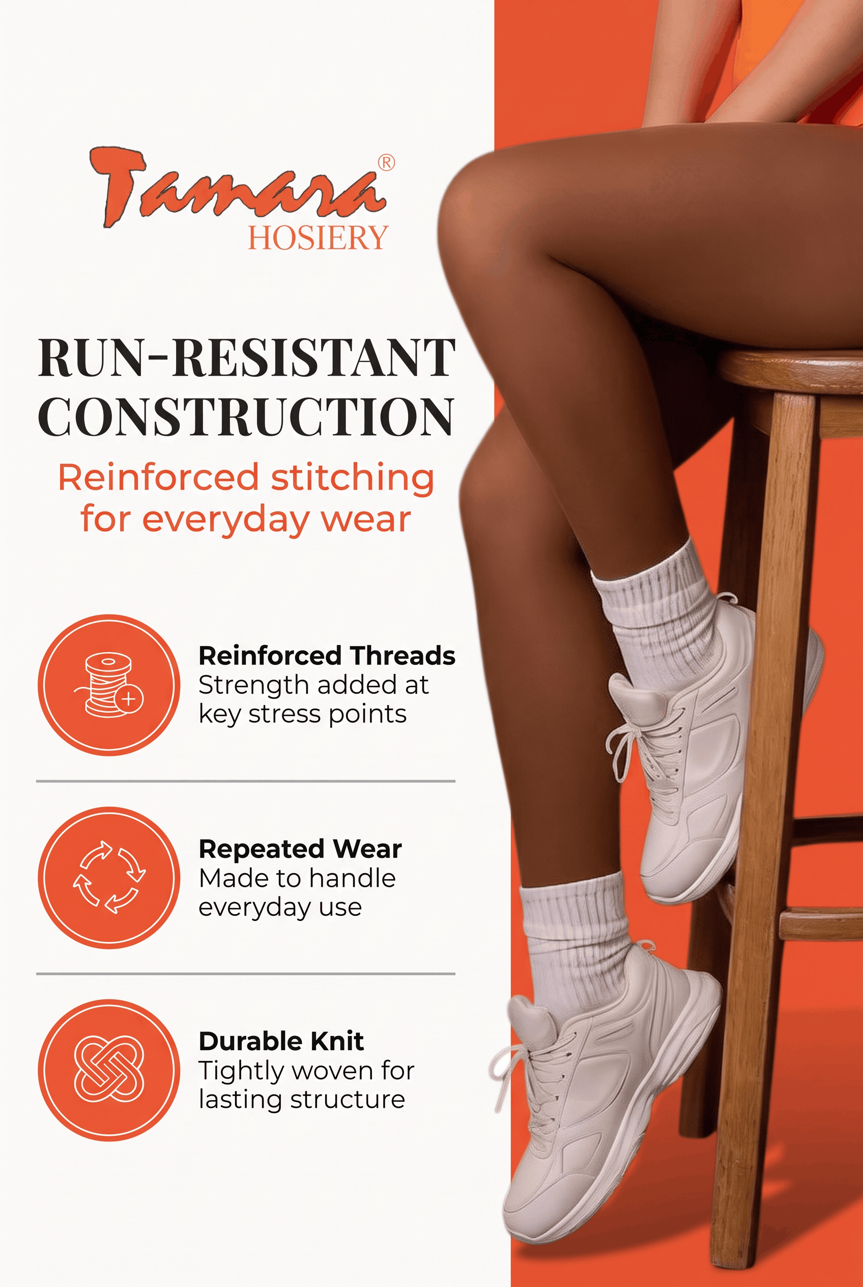 Sheer pantyhose with run-resistant construction and reinforced stitching