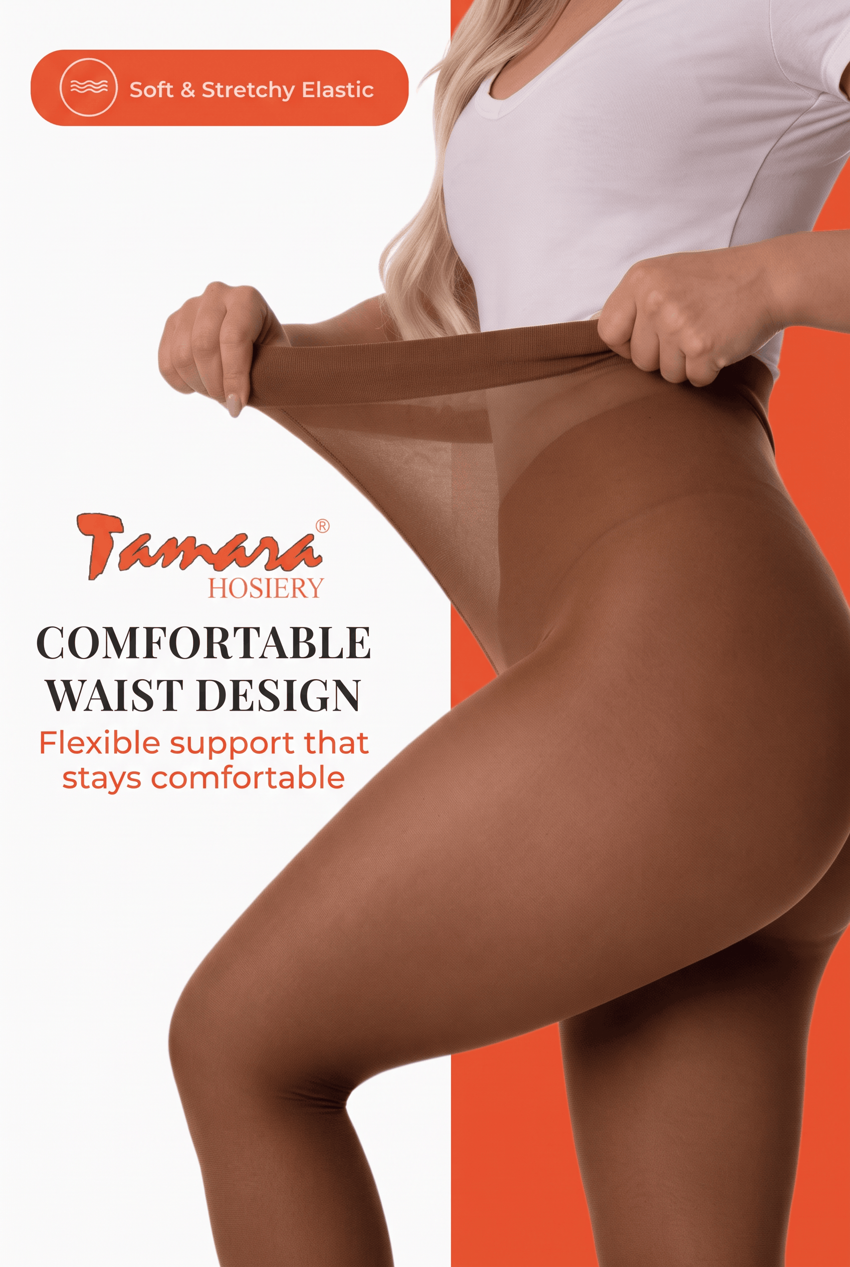Tan sheer pantyhose with soft, stretchy elastic waistband and flexible support
