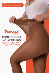 Tan sheer pantyhose with soft, stretchy elastic waistband and flexible support
