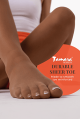 Tan sheer pantyhose with reinforced toe and durable sheerer toe panel