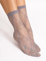 Fiore Rosa Floral Lace Pattern Crew Socks - 20 Den