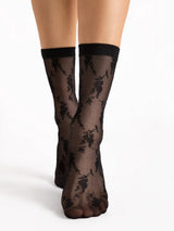 Fiore Rosa Floral Lace Pattern Crew Socks - 20 Den