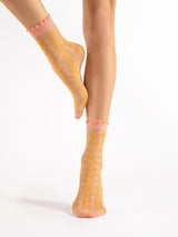 Fiore Check Pattern Sheer Picot Crew Socks – 15 Den