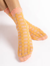 Fiore Check Pattern Sheer Picot Crew Socks – 15 Den