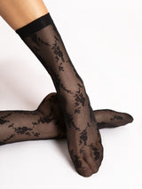 Fiore Rosa Floral Lace Pattern Crew Socks - 20 Den