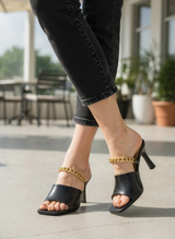 Black Gold-Chain Slingback Mules – Square-Toe Open-Toe High Heel Sandals