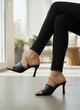 Black Gold-Chain Slingback Mules – Square-Toe Open-Toe High Heel Sandals