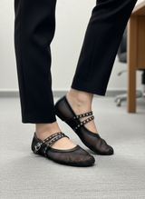 Mesh Mary Jane Flats – Double Strap Studded Ballet Flats