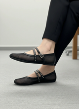 Mesh Mary Jane Flats – Double Strap Studded Ballet Flats